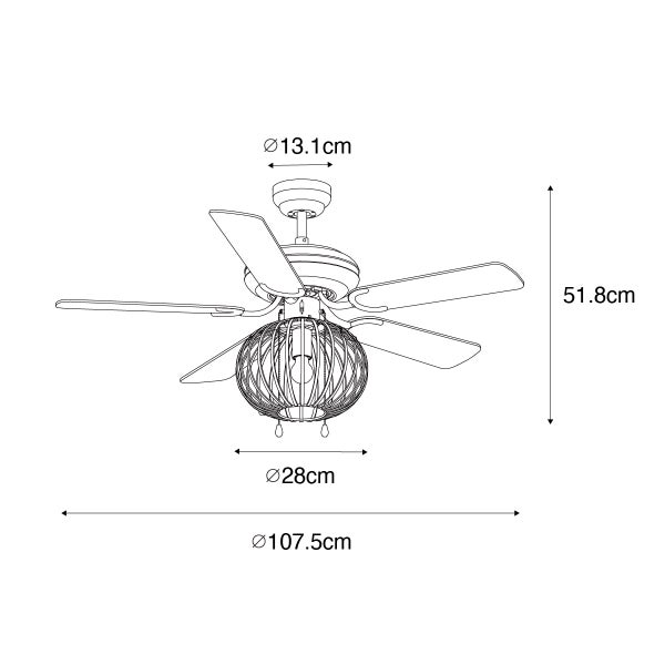Maßzeichnung eines Deckenventilators mit Leuchte: Gesamtdurchmesser 107,5 Zentimeter, Höhe 51,8 Zentimeter, Lampenschirm Durchmesser 28 Zentimeter.