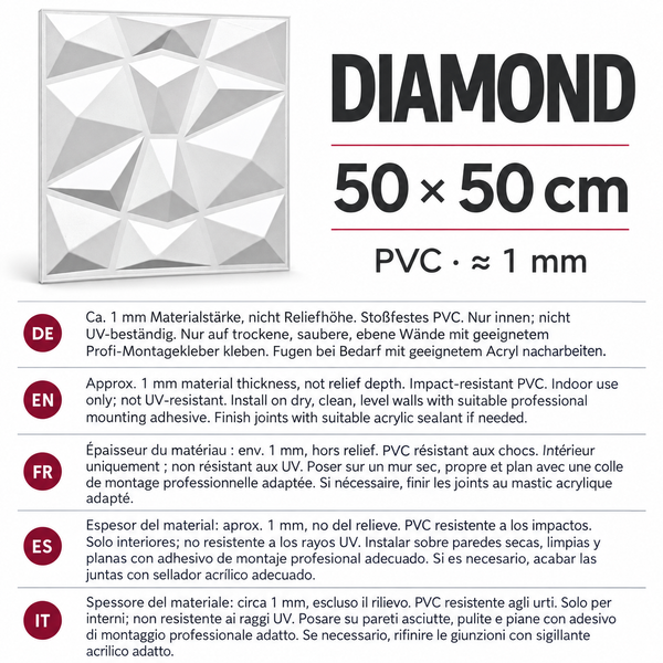 Wandpaneel Diamond aus stoßfestem PVC in 50 mal 50 Zentimeter mit geometrischem Reliefdesign zur Wandgestaltung im Innenbereich.