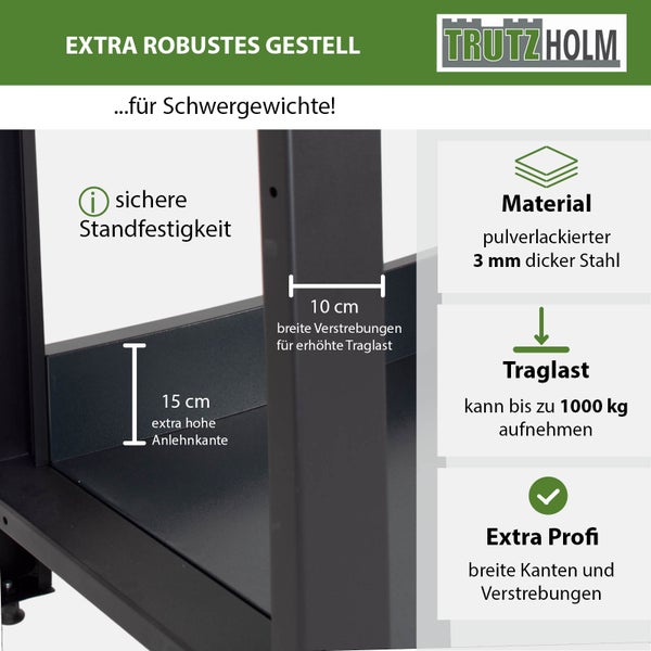 Infografik zum Trutzholm Lagerregal mit Angaben zu Material aus pulverbeschichtetem Stahl, 1000 Kilogramm Traglast und stabilen 10 Zentimeter Streben.