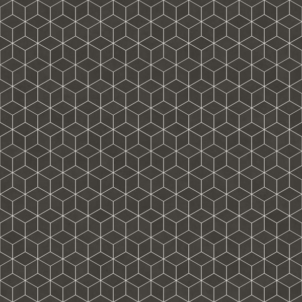 Anthrazitfarbene Tapete mit geometrischem Würfelmuster und feinen hellen Linien.