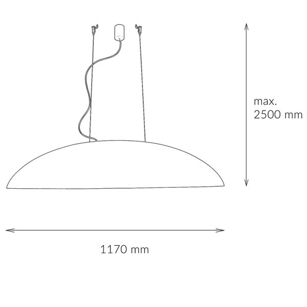 Technische Zeichnung einer Hängeleuchte mit den Maßen 1170 Millimeter Breite und maximal 2500 Millimeter Höhe