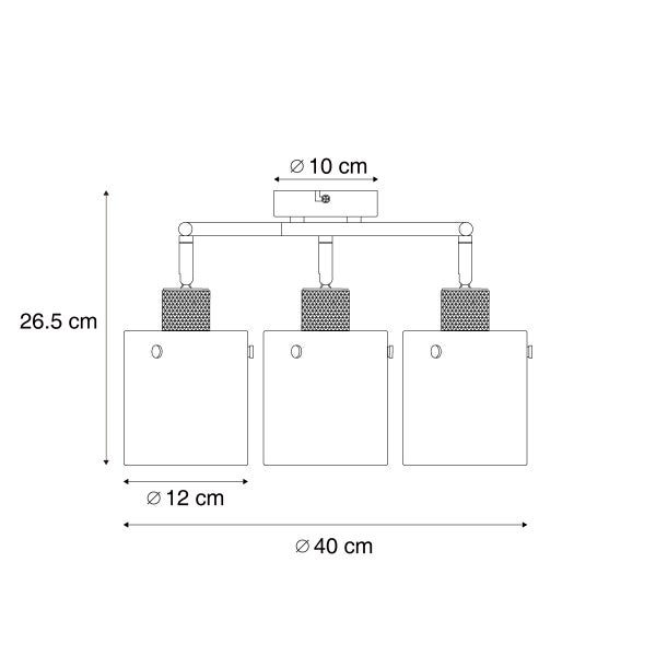 Technische Zeichnung einer Deckenleuchte mit drei Leuchten und Maßangaben.