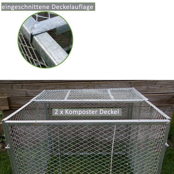 Komposter mit zwei Komposterdeckeln aus Metall und eingeschnittener Deckelauflage