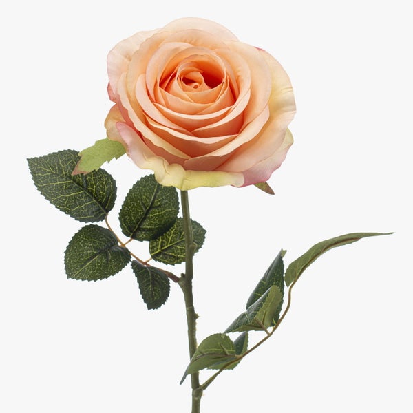 Künstliche Rose in Apricot aus Textilmaterial mit vielen Blütenblättern und grünem Blatt.
