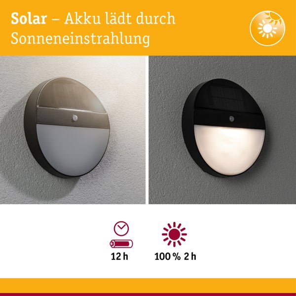 Runde Solar-Außenwandleuchte mit Bewegungsmelder in Tag- und Nachtansicht. Akku lädt durch Sonnenlicht, Betriebsdauer bis zu zwölf Stunden.