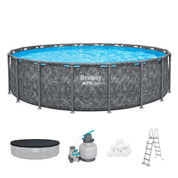 Bestway Framepool Set mit Sandfilterpumpe, Poolabdeckung, Sicherheitsleiter und Filterbällen