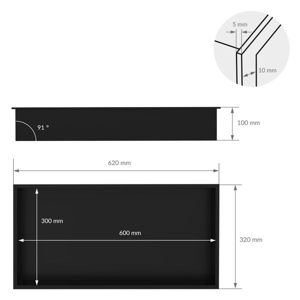 Schwarze Wandeinbaunische mit Maßen: 620 mal 320 Millimeter außen, 600 mal 300 Millimeter innen, Tiefe 100 Millimeter, 91 Grad Neigung.