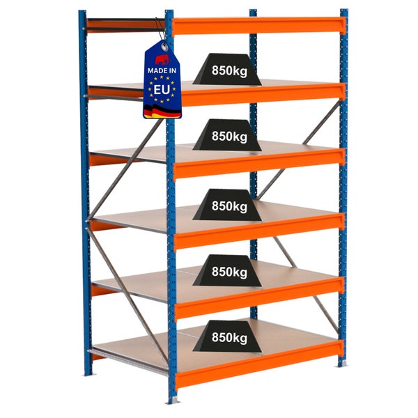 Lagerregal mit fünf Böden und einer Traglast von 850 Kilogramm pro Boden. Mit Made in EU Siegel.