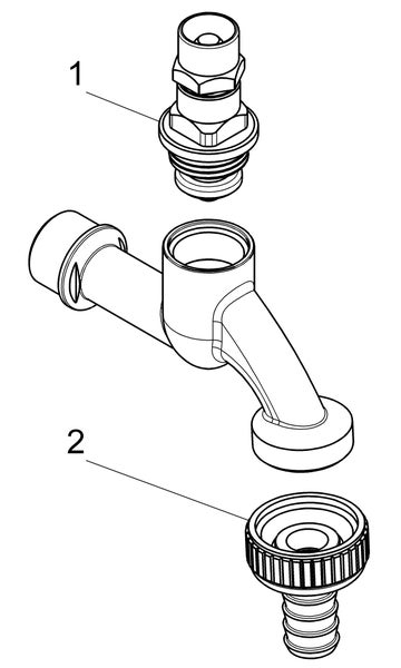Technische Zeichnung eines Wasserhahns mit Ventiloberteil Nummer eins und Schlauchanschluss Nummer zwei.