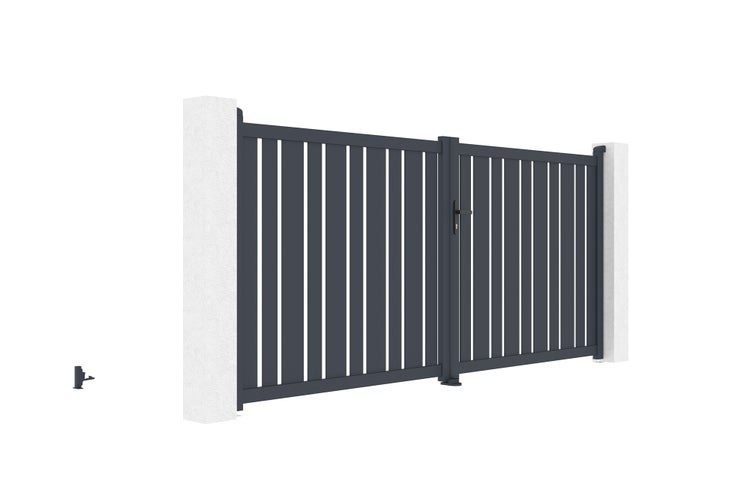 Flügeltor 3,5m VEYMONT H.160cm graues Aluminium + 2 Pfosten 20x20cm H.190cm