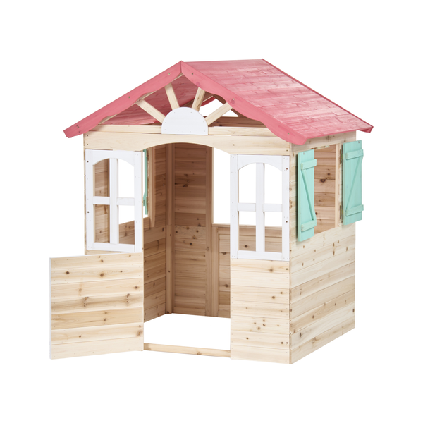 Kinderspielhaus aus Holz mit Satteldach, Fenstern mit Fensterläden und einer Halbtür.