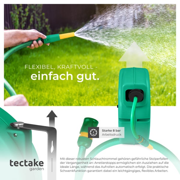 Schlauchtrommel tectake  inklusive Wasserspritze und Montagematerial mit ½ Zoll Schnellkupplung, Arbeitsdruck 8 bar grün