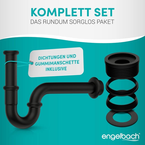Engelbach® Siphon für Waschbecken 1 1/4 inkl. Gummimanschette mit Montage-Video - Schwarz