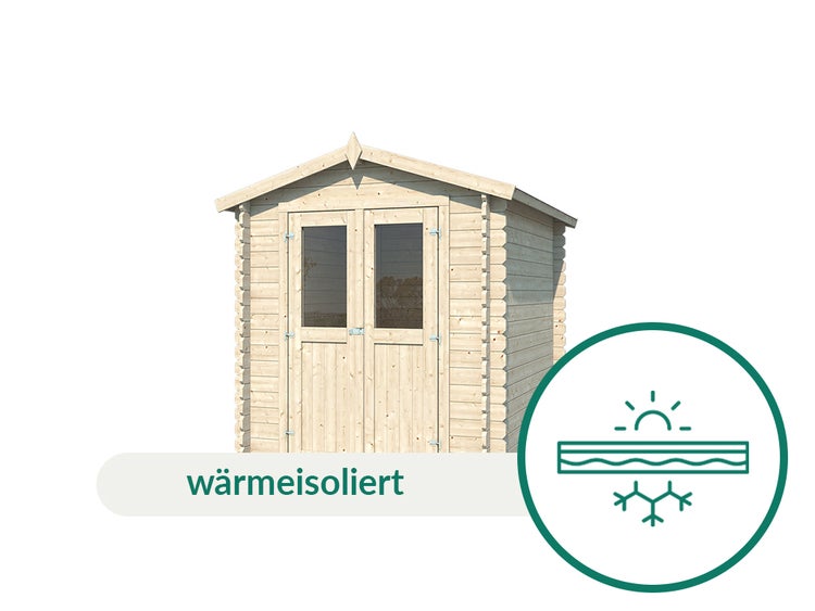 Holz-Gartenhaus mit Satteldach und Doppeltür mit Fenstern, inklusive Symbol für Wärmeisolation.