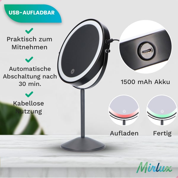 Mirlux Kosmetikspiegel mit LED Beleuchtung 10fache Vergrößerung Rund 3 Lichtstufen Wiederaufladbar  Schwarz