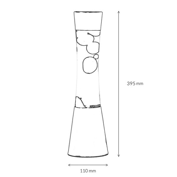 Skizze einer Lavalampe mit Abmessungen 395 Millimeter Höhe und 110 Millimeter Breite