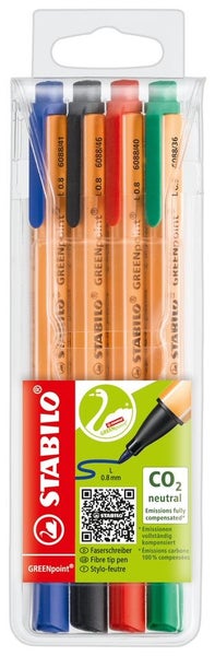 STABILO Filzschreiber GREENpoint 4er Set blau, schwarz, rot, grün Umweltfreundlicher Filzschreiber