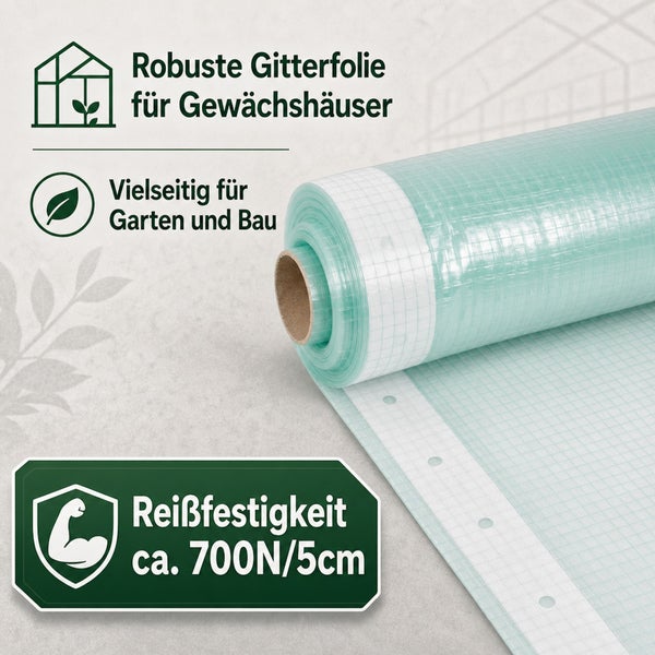 Robuste Gitterfolie auf Rolle für Gewächshäuser und Gartenbau mit einer Reißfestigkeit von circa 700 Newton pro 5 Zentimeter.