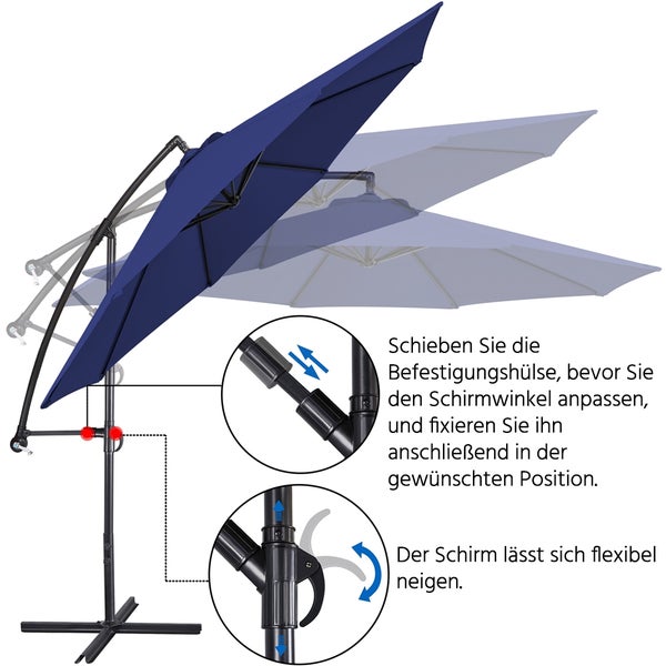 Verstellbarer Sonnenschirm mit Neigungsfunktion und Schiebehülse für flexible Anpassung des Schirmwinkels.