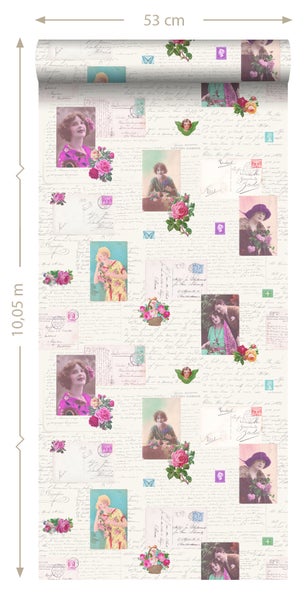 Tapetenrolle mit Schriftmotiven, Briefen und floralen Elementen, 53 cm breit und 10,05 m lang