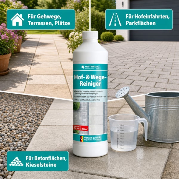 Hotrega Hof- und Wege-Reiniger für Gehwege, Terrassen, Hofeinfahrten und Parkflächen auf Stein oder Beton mit Gießkanne und Messbecher.