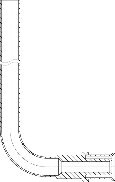 Technische Zeichnung eines 90 Grad Bogens für Rohre mit Anschlussstück