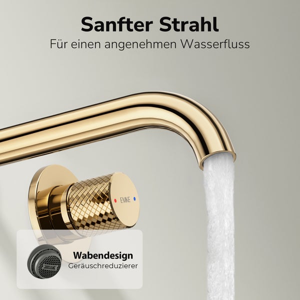 Goldfarbene Waschtischarmatur mit Wabenstruktur Strahlregler für einen weichen Wasserstrahl und geräuschreduzierten Wasserfluss von Emke.