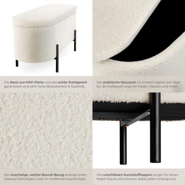 Ovale weiße Polsterbank im Skandi-Stil mit Bouclé-Bezug, Stauraum und schwarzen Metallbeinen. Detailansichten von Stoff, Stauraum und Standfüßen.