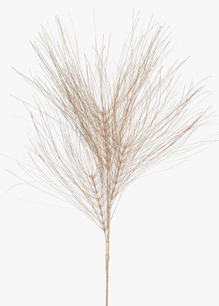 Künstlicher Dekozweig mit fächerförmig angeordneten feinen Nadeln in Goldfarbe.