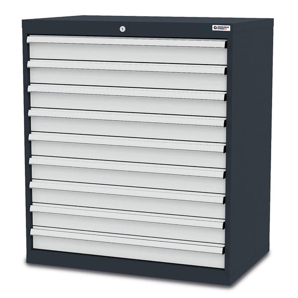 Werkzeugschrank aus Metall in Anthrazit und Lichtgrau mit neun Schubladen, abschließbar, Werkzeugstore24 Logo.