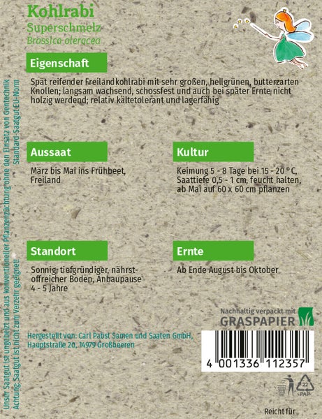 Rückseite einer Samentüte für Kohlrabi Superschmelz mit Hinweisen zu Aussaat, Kultur, Standort und Ernte. Nachhaltig verpackt mit Graspapier.