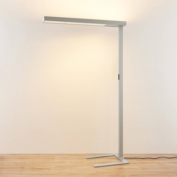 LED-Bürostehleuchte aus silbernem Metall mit rechteckigem Leuchtenkopf und U-förmigem Standfuß.