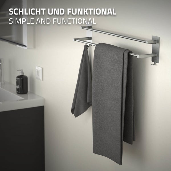 ML-Design Handtuchhalter ohne Bohren 59 cm, 2 Handtuchstangen, 2 Haken, Silber, Edelstahl, Wandmontage, Badetuchhalter Doppelt zum kleben für Bad&Küche, Modern Wandhalter selbstklebend für Handtücher