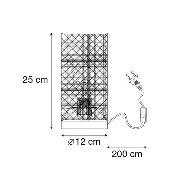 Abbildung einer Tischleuchte mit den Maßen 25 cm Höhe, 12 cm Durchmesser und einem 200 cm langen Kabel.