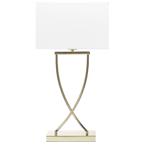 Tischleuchte mit rechteckigem Lampenschirm und dekorativem, geschwungenem Metallfuß