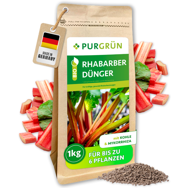 PURGRÜN Bio Rhabarber Dünger, 1 kg Packung mit Kohle und Mykorrhiza für kräftige Rhabarberpflanzen, hergestellt in Deutschland.