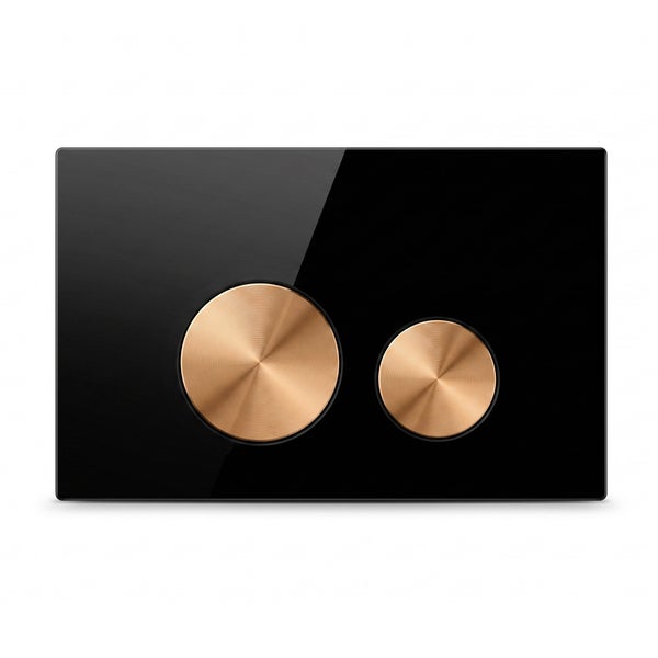 Betätigungsplatte aus schwarzem Glas mit zwei runden Spültasten in Kupferoptik.