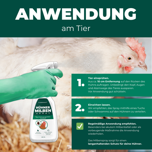 Silberkraft Milbenspray Hühner 500ml, Effektiver Schutz vor Milbenbefall im Hühnerstall, Langzeitschutz gegen rote Vogelmilben, Einfache Anwendung auf Sitzstangen und Nistplätzen