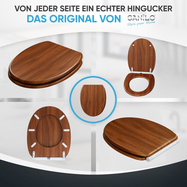 Sanilo WC-Sitz in dunkler Holzoptik, verschiedene Ansichten aus mehreren Perspektiven mit offenem und geschlossenem Deckel.