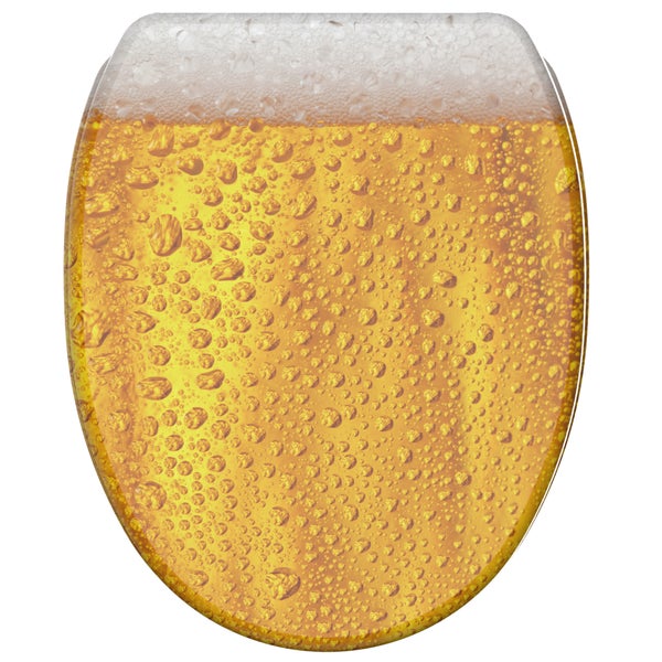 WC-Sitz mit Bier-Design, Abbildung eines Glases mit Bier, Schaumkrone und Wassertropfen.