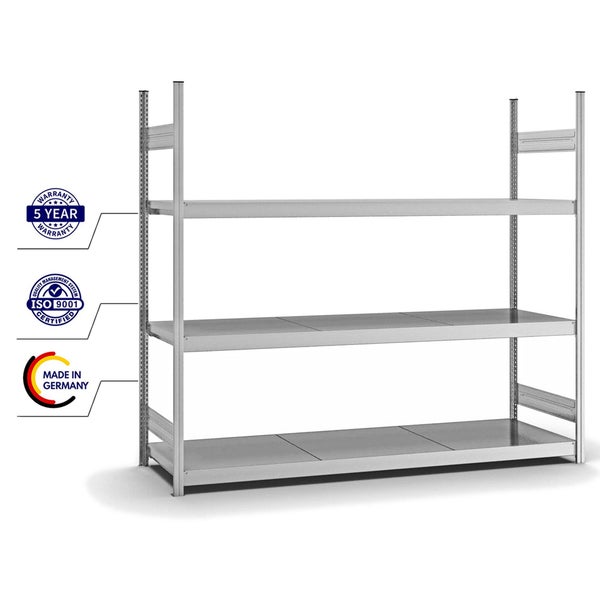 PROREGAL Weitspannregal Stecksystem T-Profil Grundregal HxBxT 200x225x60 cm 3 Ebenen Stahlplatten Fachboden Fachlast 350 kg Verzinkt