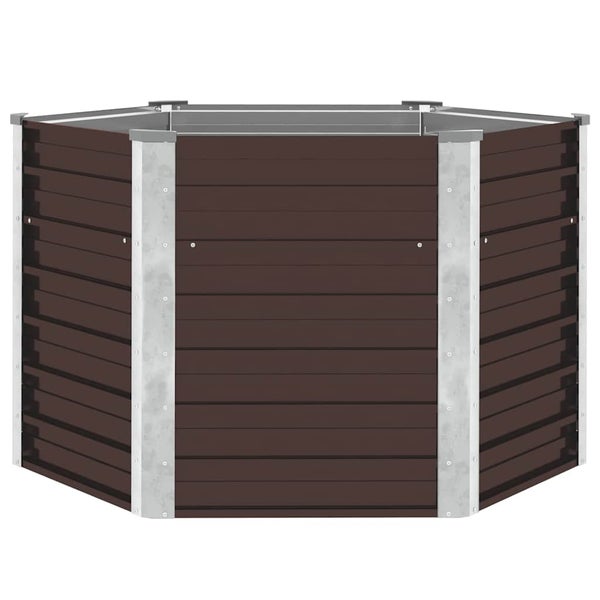 Sechseckiges Hochbeet aus Metall mit verzinkten Eckpfosten und Paneelen zur Gartenbepflanzung.