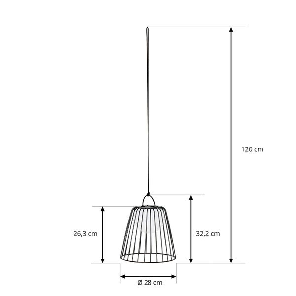 Pendelleuchte mit Drahtkorbschirm und Maßangaben: Gesamthöhe 120 Zentimeter, Schirmhöhe 32,2 Zentimeter, Durchmesser 28 Zentimeter.