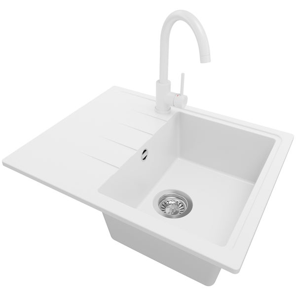 PRIMAGRAN Granitspüle Weiß 62x50cm, Spülbecken 1 Becken + Küchenarmatur 32x20cm + Ablauf-Set, Küchenspüle ab 40er Unterschrank - Mailand