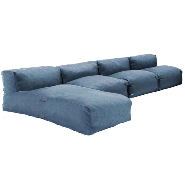 Modulares blaues Lounge-Sofa aus Stoff mit Chaiselongue und Verbindungsschnallen.