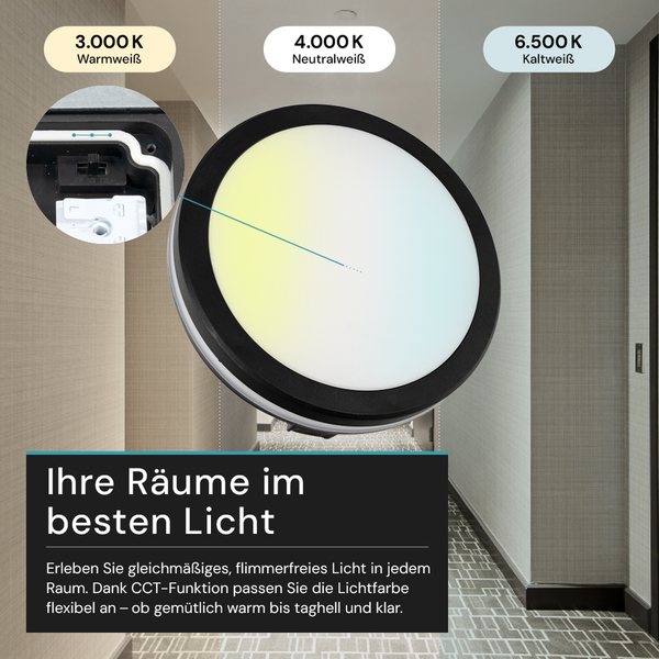 LED Deckenleuchte mit verschiedenen Weißtönen zur individuellen Raumbeleuchtung.