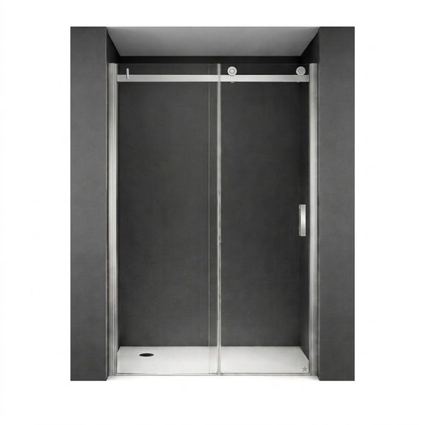 Zweiteilige Glas-Schiebetür für Duschnische mit Rollensystem, Metallgriff und weißer Duschwanne.
