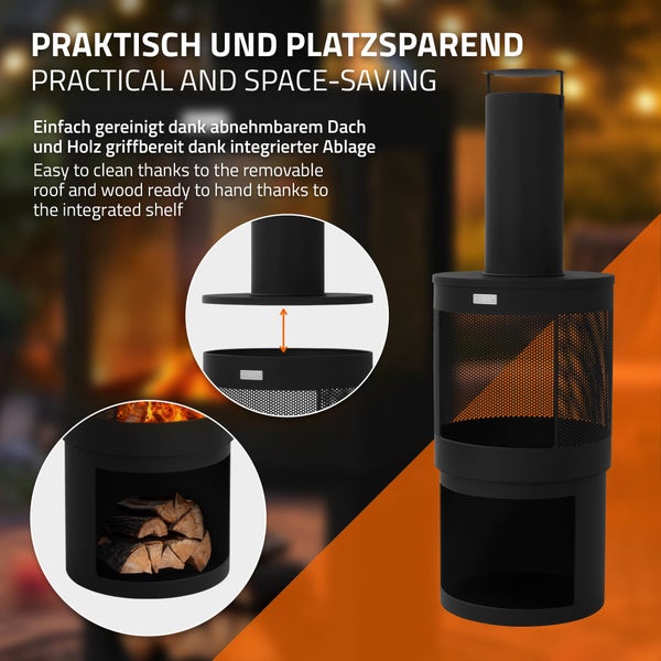 Schwarzer Terrassenofen mit Kamin, Gittergehäuse und Holzablage. Detailansichten zeigen abnehmbares Dach und Brennholzfach.