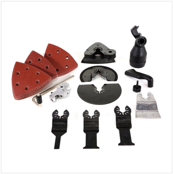 DeWalt Zubehör-Set für Multifunktionswerkzeug mit Schleifblättern, Sägeblättern und Schaber.