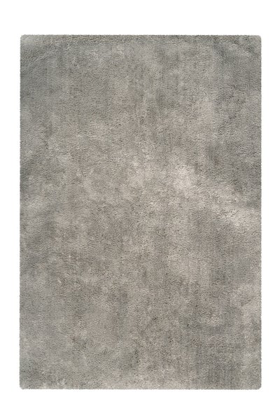 Hochflor-Teppich, rechteckig, grau, weiche Struktur.